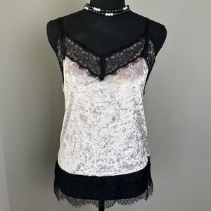 Almost Famous Camisole Womens Small SIlver Crushed Velvet Black Lace‎ Cami Top